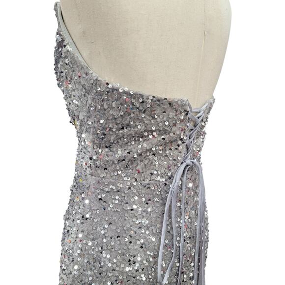 NWT Silver Strapless Sequin Evening Gown with Corset Back on Velvet Fabric - Picture 7 of 13